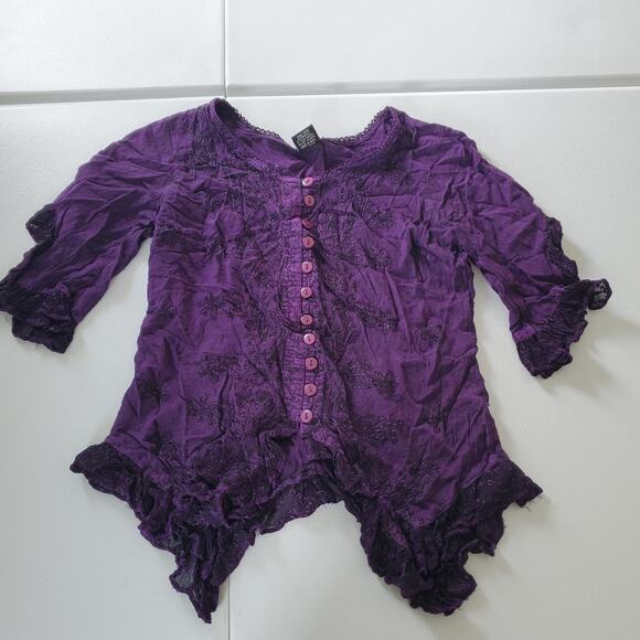 Y2K Fairy Grunge Shirt Womens Medium Purple Embroidered Lace Button Front Boho - Picture 1 of 9